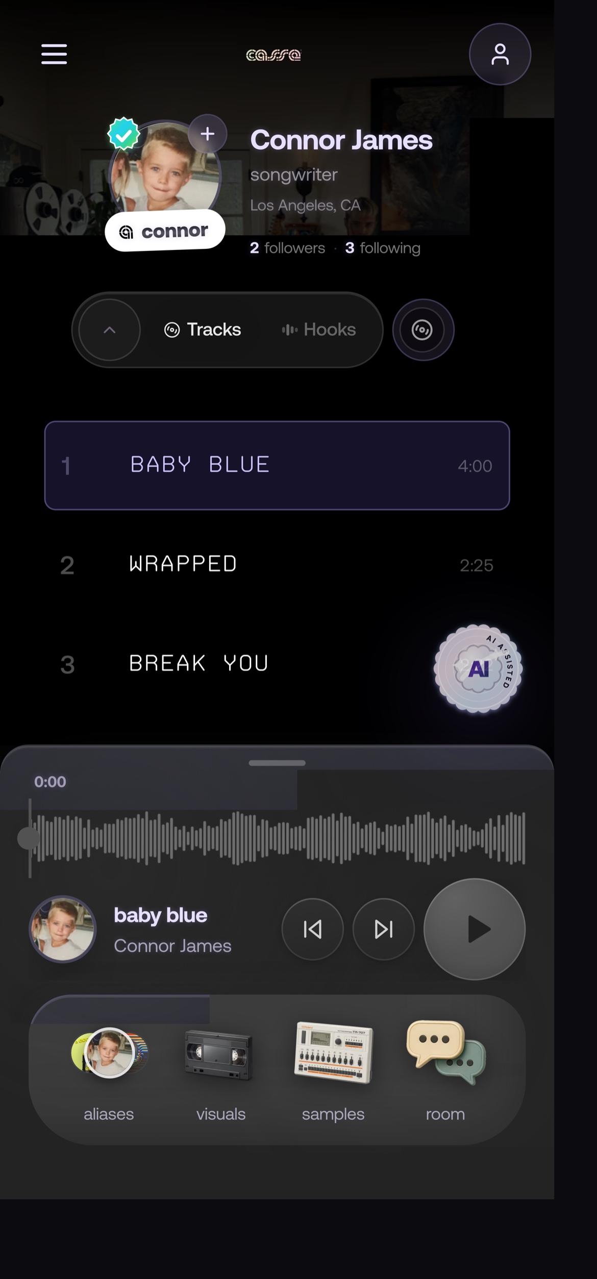 casset.fm artist context, live - aliases, visuals, samples, Room