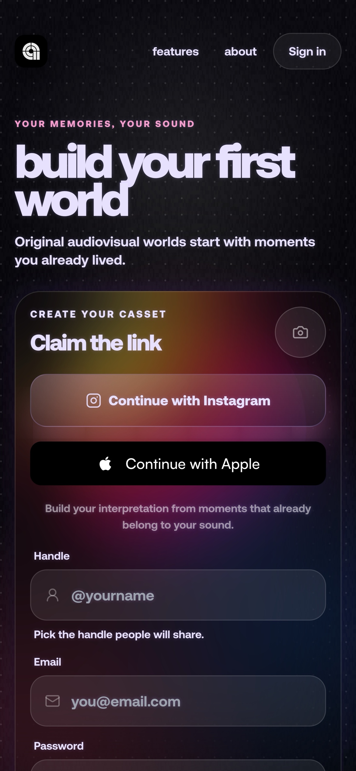 casset.fm - Create your casset: claim the link, continue with Apple or Instagram, pick a handle