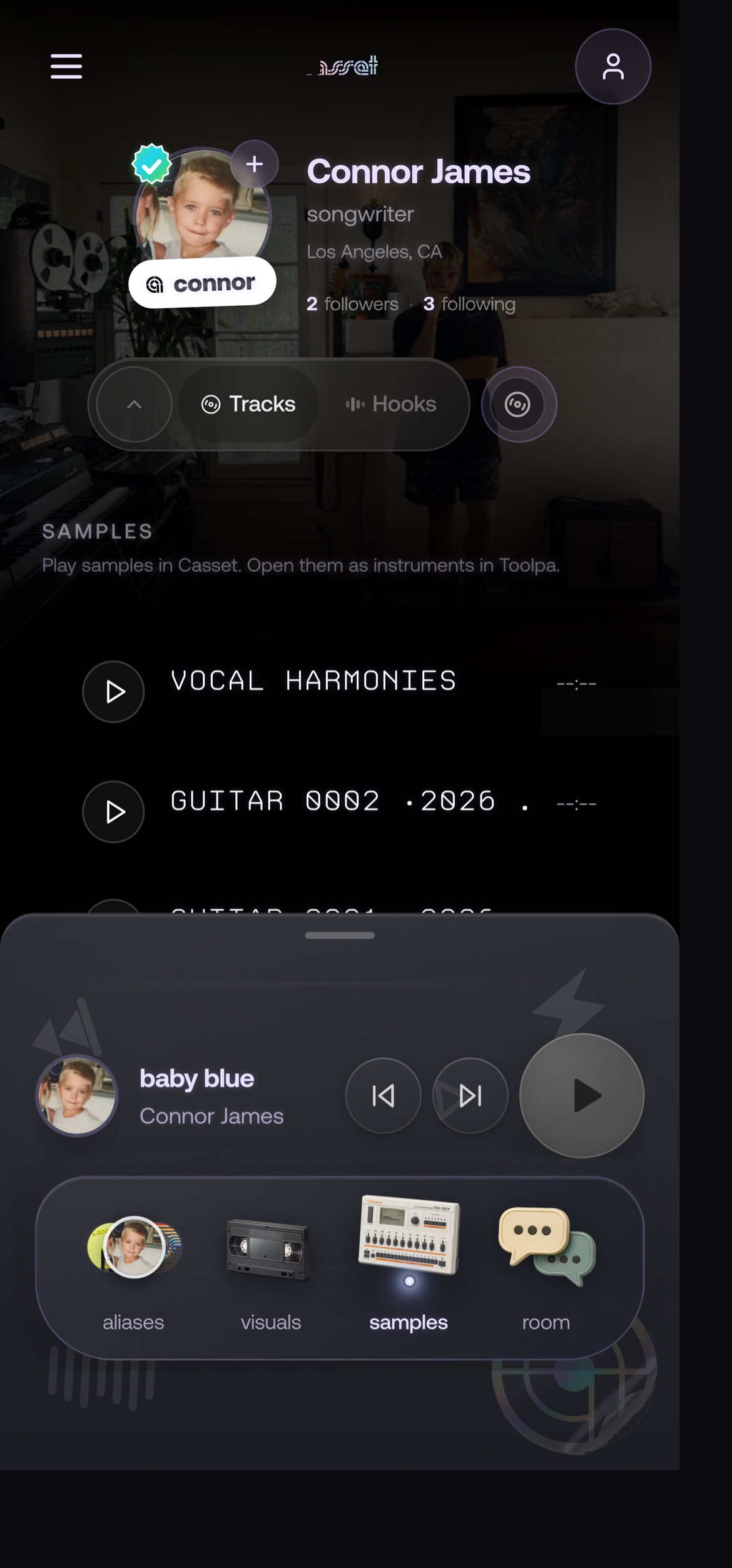 Casset Samples - vocal harmonies, guitar takes, surfaced as playable building blocks