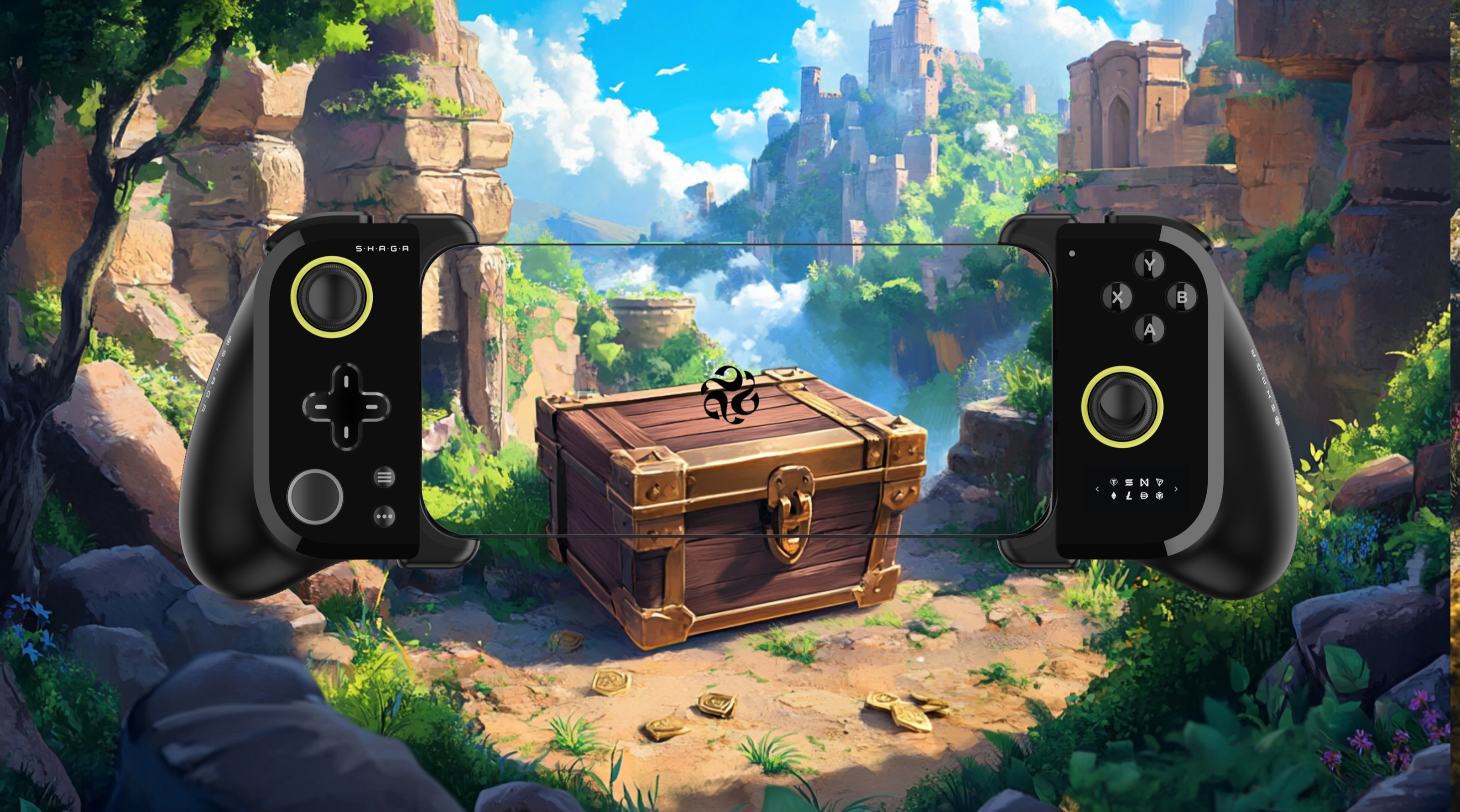 Shaga handheld controllers and reward chest staged inside a game world